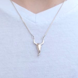 Silver bull skull necklace, Bull charm necklace, Bull Head Necklace, Bull Taurus Necklace, Skull Horn necklace, Bull jewelry