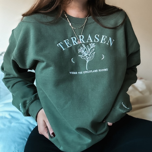 Terrasen To Whatever End Fireheart Where the Kingsflame Blooms Throne of Glass Embroidered Crewneck