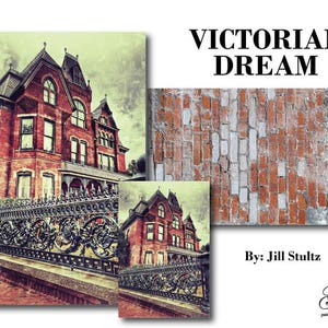 May include: A vintage-style painting of a Victorian house with a black wrought iron fence in front. The house is red brick with white trim and has a large porch with columns. The painting has a faded, antique look. The title "Victorian Dream" is written in black text at the top of the painting. The artist's name, "Jill Stultz", is written in black text at the bottom of the painting.