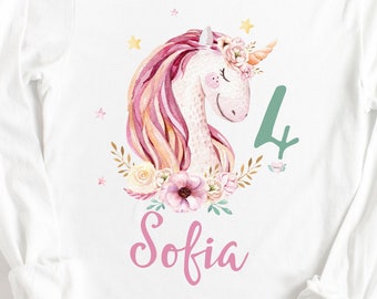 4. Geburtstag Mädchen Einhorn Shirt Personalisiert mit Name und Zahl / 4 Jahre Mädchen Geburtstag Geschenk / 4. Geburtstag Mädchen T-Shirt