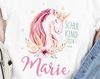 Schulkind 2024 Mädchen Einhorn T-Shirt Schulanfang Geschenk zur Einschulung Personalisiert mit Name / Einschulungsparty Mädchen Einhorn