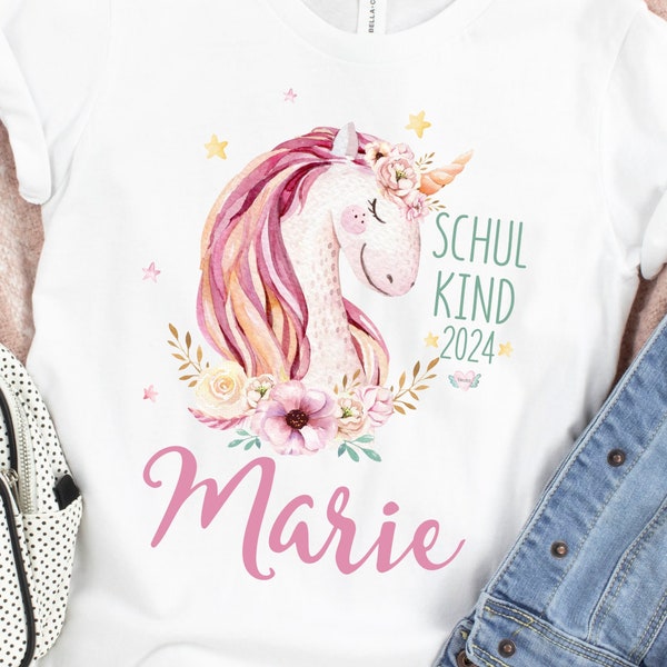 Schulkind 2024 Mädchen Einhorn T-Shirt Schulanfang Geschenk zur Einschulung Personalisiert mit Name / Einschulungsparty Mädchen Einhorn