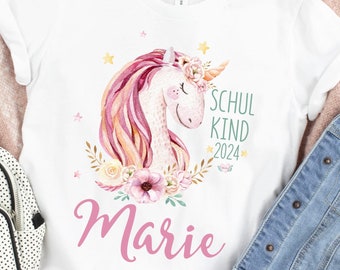 Einschulung 2024 Einhorn T-Shirt Geschenk zur Einschulung Mädchen Personalisiert mit Name / Schulkind 2024 Mädchen Schulanfang T-Shirt