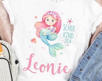 Einschulung 2024 Mädchen T-Shirt Personalisiert mit Name Meerjungfrau Geschenk zur Einschulung  / Schulkind 2024 Schulanfang T-Shirt