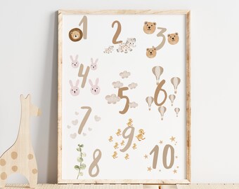 Lernposter Zahlen und Tiere für Kinderzimmer - Pädagogische Wandkunst, Aquarell Zahlen 1-10, Spielend Lernen Geburtsgeschenk Kinderposter