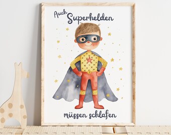 Superheld Junge Kinderzimmer Poster - Mutmachende Sprüche, Babyzimmer Wandkunst Geschenkidee Deko Sanfte Einschlafhilfe Geburtsgeschenk