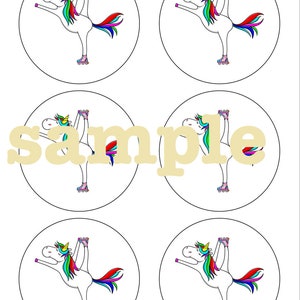 May include: Four 3-inch pinback button templates featuring a white unicorn with a rainbow mane and tail, roller skating on a white background. The unicorn is in a yoga pose with one leg raised.