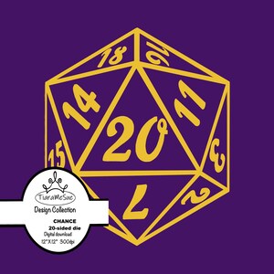 Könnte beinhalten: Eine violette Grafik eines 20-seitigen Würfels mit goldenen Umrissen und Zahlen. Ein weißes, kreisförmiges Etikett enthält den Text TiaraMeSue Design Collection CHANCE 20-sided die Digital download 12"X12" 300dpi. Der Würfel zeigt die Zahlen 20, 18, 14, 15, 11 und 2.