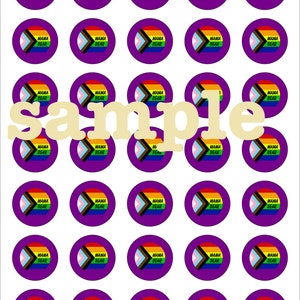 May include: A sheet of 25 printable 1-inch button templates featuring a rainbow pride flag with the text "Mama Bear" in black. The buttons are on a white background.