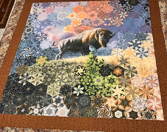 King size One Block Wonder handmade ‘Buffalo’ quilt that measures 97 wide and 99 inches long.  It’s mostly earth tones and 100% cotton.