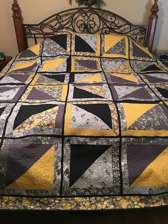 Queen 84 x 100 yellow, black, and grey quilt.  Hand sewn and quilted on my domestic sewing machine in pet free and smoke free home.