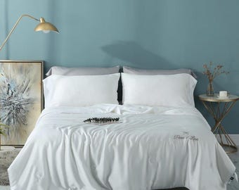 Juego de cama de 100 % bambú y lyocell, funda de edredón, sábana encimera o ajustable, fundas de almohada, cama doble tamaño king, seda vegana suave, orgánica y natural, ropa de cama de lujo del Reino Unido