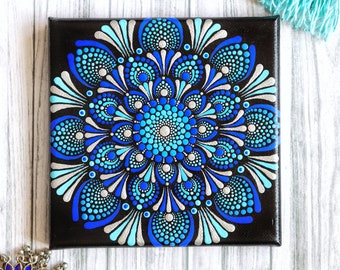 MandalasByRainbowSoul mini dot mandala acrylic painting on canvas dot art spiritual decoration ~ mandala canvas hand painted gift for her