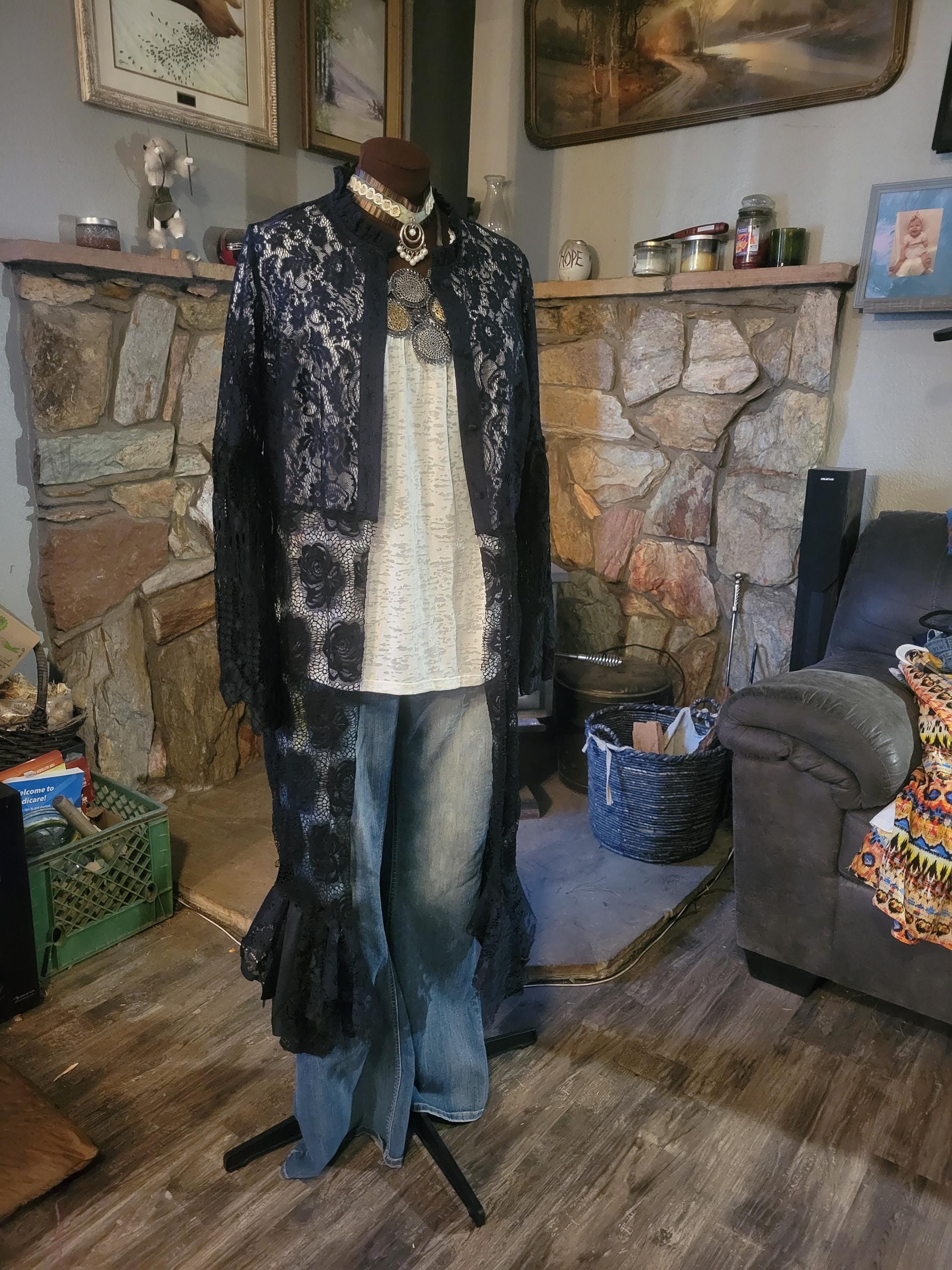 Upcycled Black & Navy Blue Lace Duster Kimono