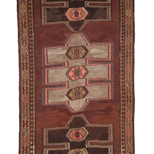 Decoratieve Vintage Turkse Kars Kilim Tapijt - 5,5 x 13,3