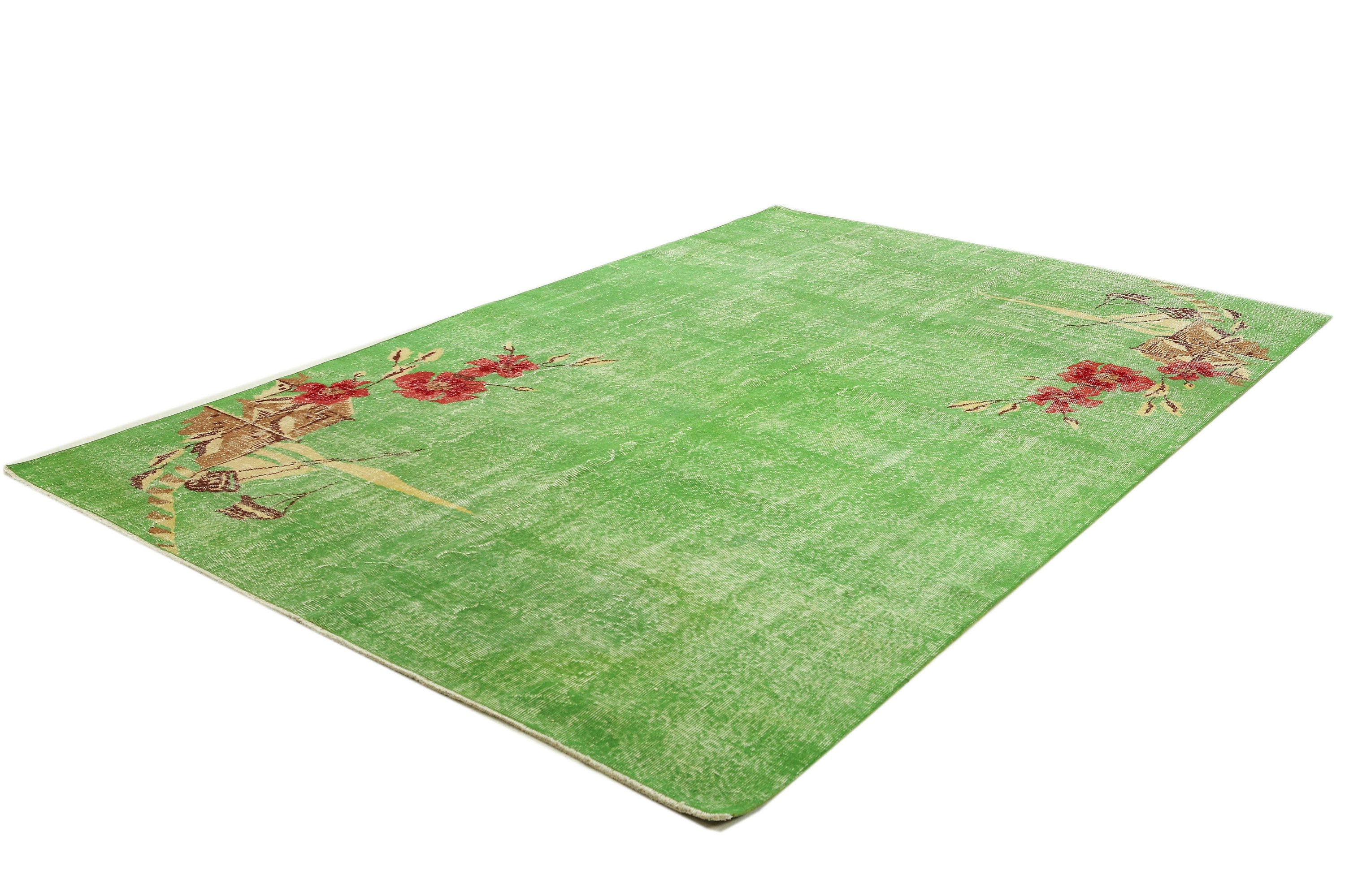 グリーンフローラルトルコヴィンテージラグ - 6.11 x 10.10 - Etsy 日本