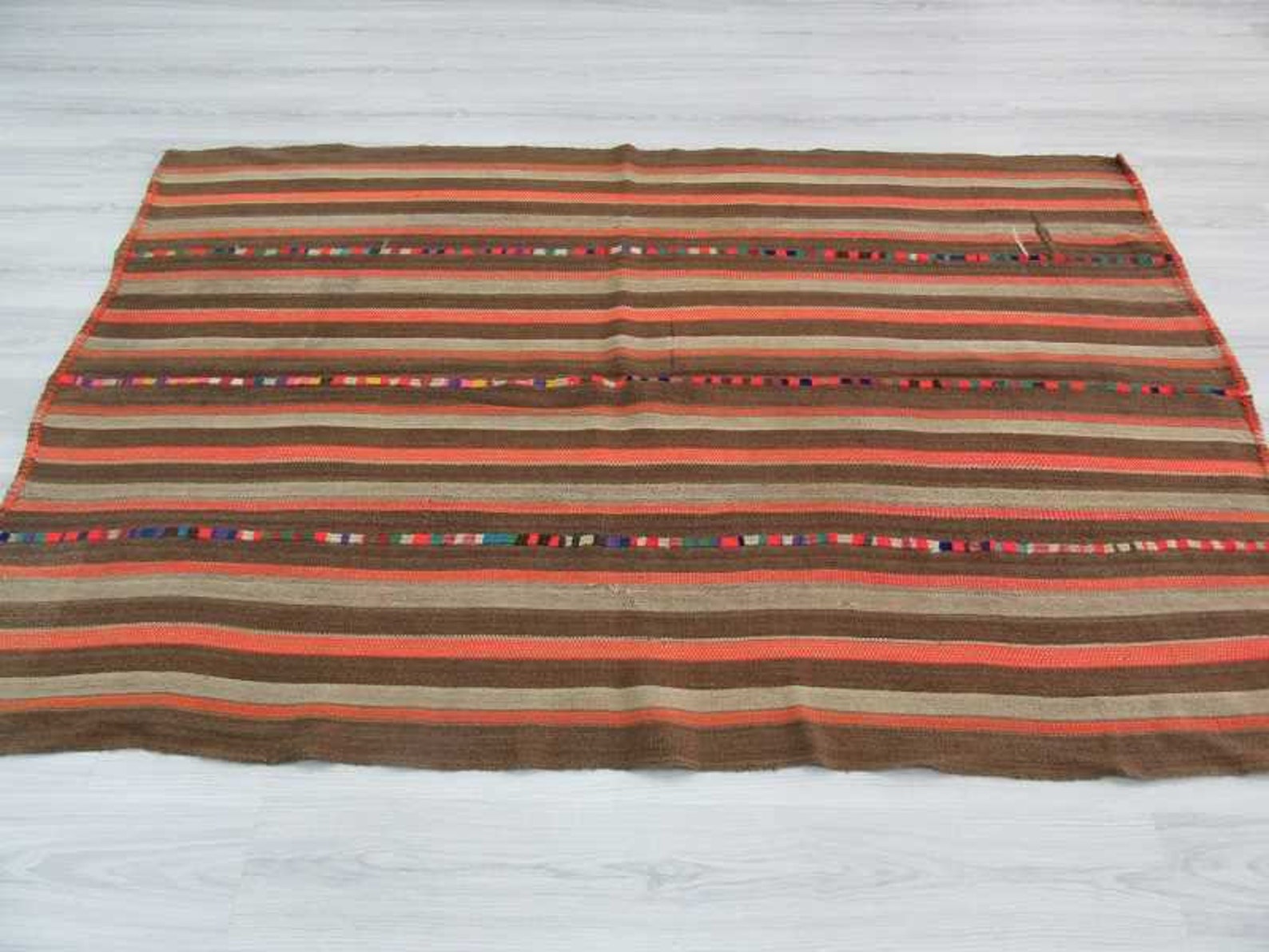 Vintage Brown Orange Striped Decorative Turkish Kilim Rug 4.9 Etsy