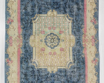 Vintage blue ground Turkish deco rug 4.9 x 8.6 ft