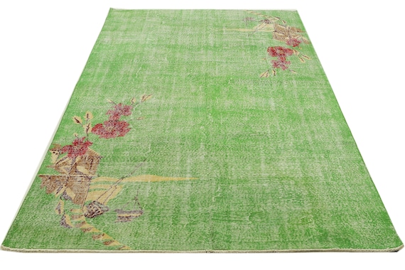 グリーンフローラルトルコヴィンテージラグ - 6.11 x 10.10 - Etsy 日本