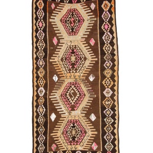 Brown  Pink Vintage Turkish Kilim Rug - 5.0 x 10.7