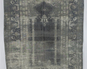 Vintage artificial silk gray overdyed Turkish rug 4.1 x 5.9 ft