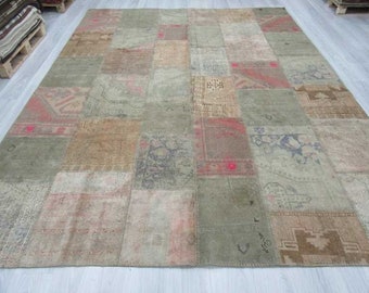 特大パステルヴィンテージ装飾トルコパッチワークラグ 9.1 x 12.0