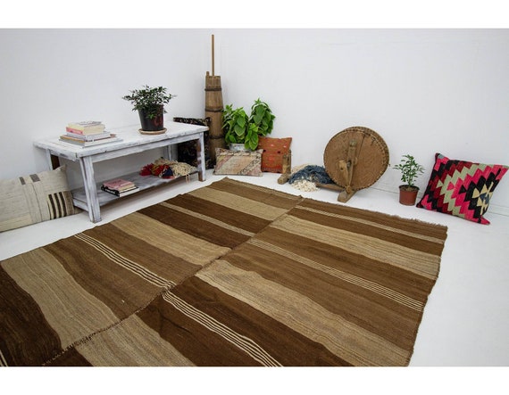 ブラウンナチュラル手織りヴィンテージキリムラグ - 6.7 x 9.8 - Etsy 日本