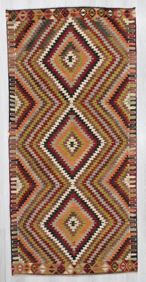 ヴィンテージ カラフル ジグザグ デザイン トルコ キリム ラグ 4.4 x