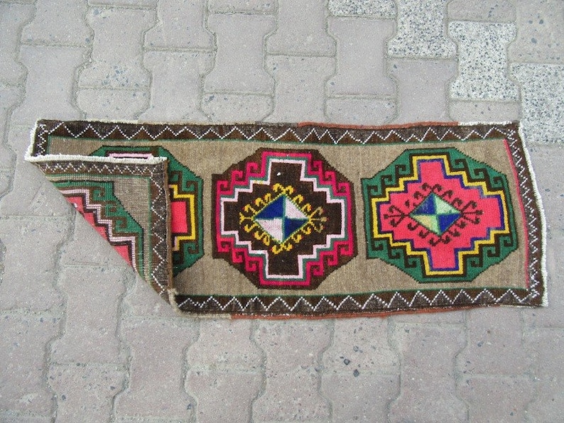 Decorative Unique Vintage Mini Turkish Rug 1.4 x 3.8 ft