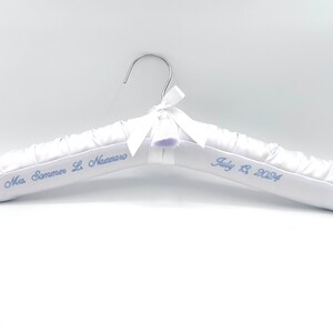 Something Blue Personalized, Embroidered Luxe Satin Wedding Dress Hanger with baby blue thread, well padded, perfect gift for brides image 10