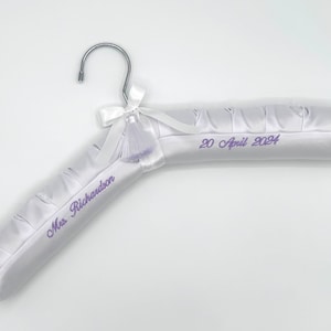 LAVENDER embroidered Luxe Satin Hanger, purple thread,custom satin bridal hanger, satin ribbon, bow, premium tassel & trademark logo tag