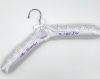 LAVENDER embroidered Luxe Satin Hanger, purple thread,custom satin bridal hanger, satin ribbon, bow, premium tassel & trademark logo tag