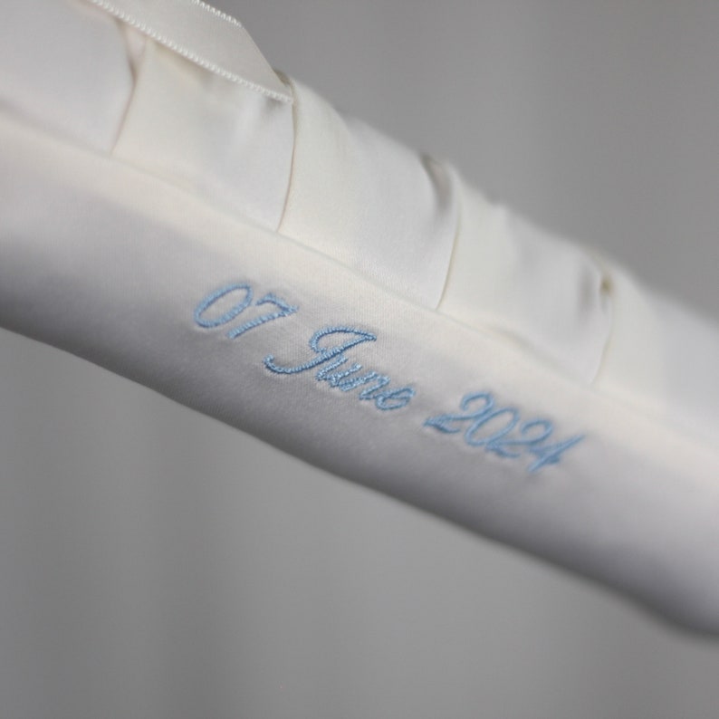 Something Blue Personalized, embroidered Luxe Satin Wedding Hanger with baby blue thread, well padded, highest quality, perfect for brides image 6