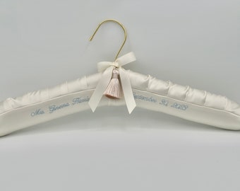 Something blue! Personalized, embroidered luxe satin wedding hanger with baby blue thread, well padded, highest quality, perfect for brides