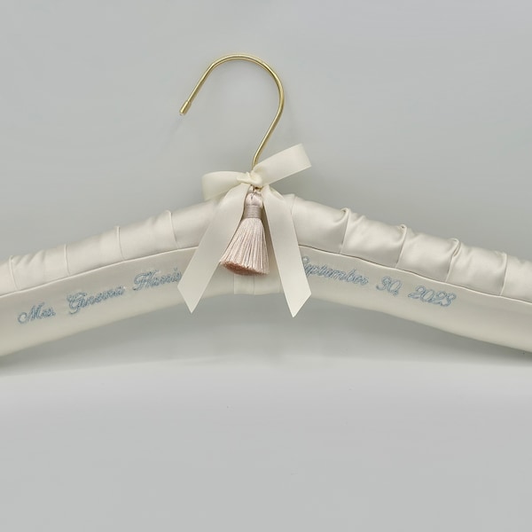 Something Blue! Personalized, embroidered Luxe Satin Wedding Hanger with baby blue thread, well padded, highest quality, perfect for brides