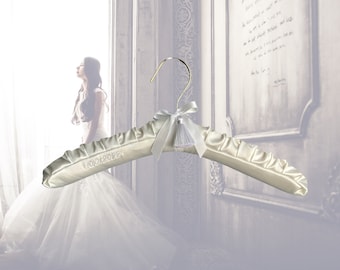 Luxe Personalized Satin bridal Hanger, Embroidered, well padded, hand made, with bow, premium tassel and charm. Perfect wedding dress hanger