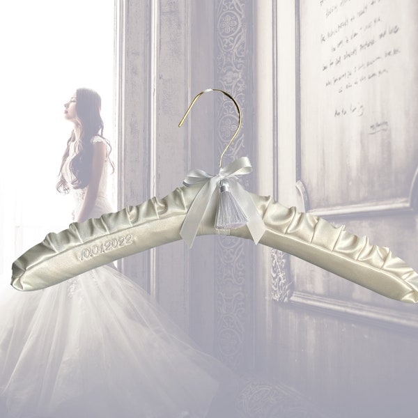 Luxe Personalized Satin bridal Hanger, Embroidered, well padded, hand made, with bow, premium tassel and charm. Perfect wedding dress hanger