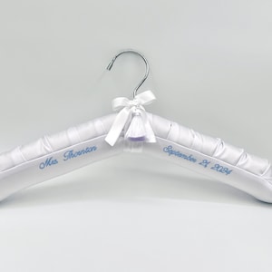 Personalized Something Blue Bridal Hanger, Custom Embroidered Satin Wedding Dress Hanger, Bride Gift