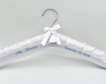 Personalized Something Blue Bridal Hanger, Custom Embroidered Satin Wedding Dress Hanger, Bride Gift