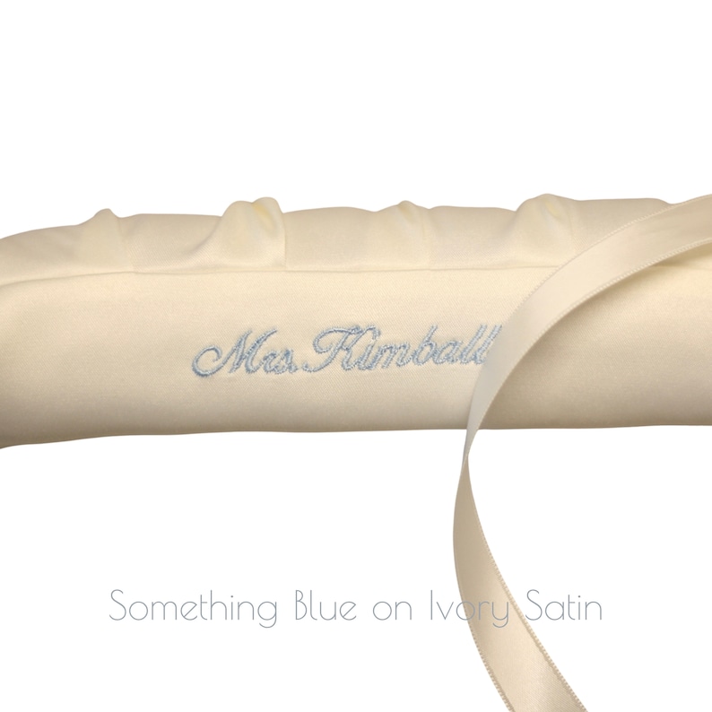Something Blue Personalized, Embroidered Luxe Satin Wedding Dress Hanger with baby blue thread, well padded, perfect gift for brides image 6