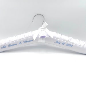 Something Blue Personalized, embroidered Luxe Satin Wedding Hanger with baby blue thread, well padded, highest quality, perfect for brides image 10