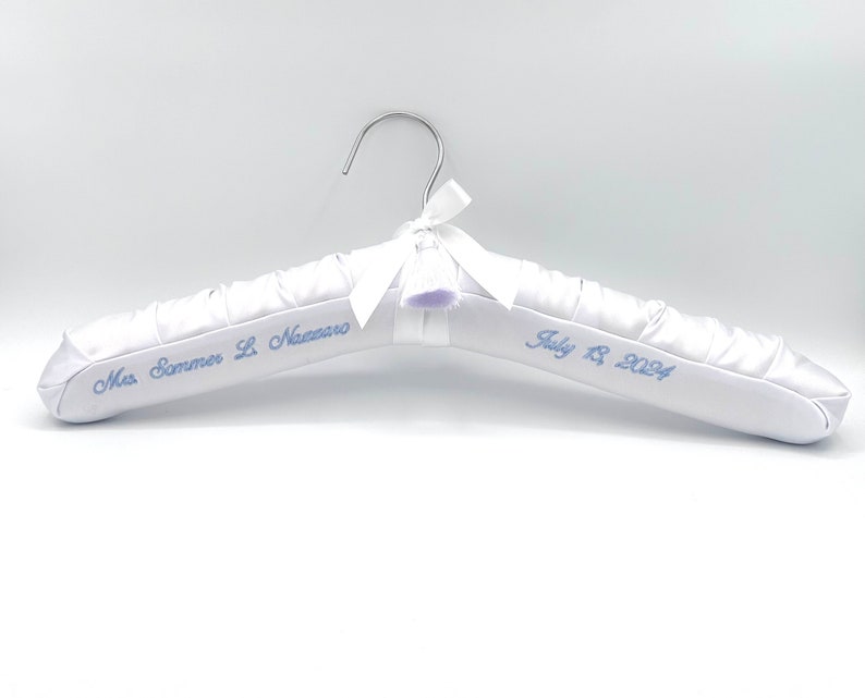 Something Blue Personalized, embroidered Luxe Satin Wedding Hanger with baby blue thread, well padded, highest quality, perfect for brides image 10