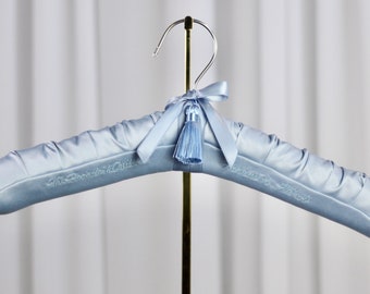 French Blue Personalized Luxe Satin Hanger, Embroidered, Bridal Hanger, with satin ribbons, bow, tassel and designer hanger charm