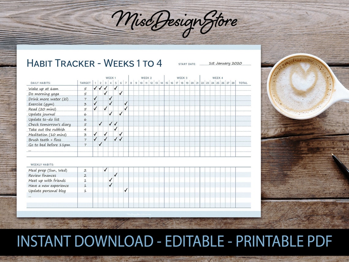 Habit Tracker Printable Editable Daily Weekly Monthly Etsy Denmark