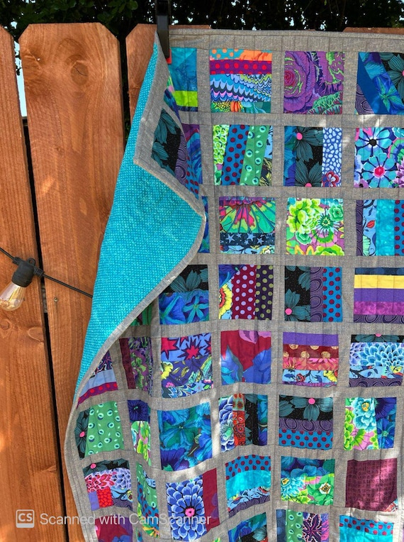 Handmade Quilt, Blues, Purples, Greens, 50" x 56"