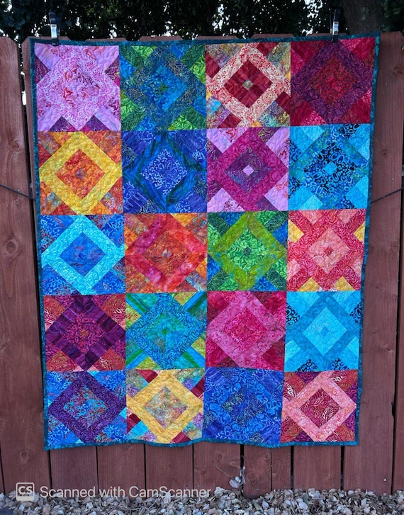 Handmade Batik Rainbow Diamonds Quilt 58" x 48"