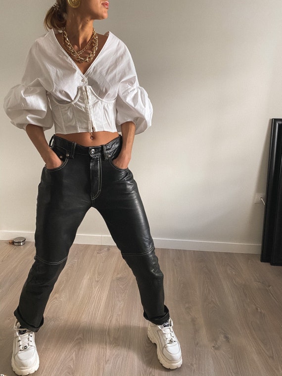 Biker Girl Pants, Vintage Leather Pants, Black Lea