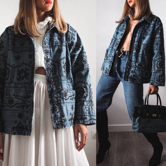 Vintage Denim Jacket, Embroidered Denim Jacket, Ch