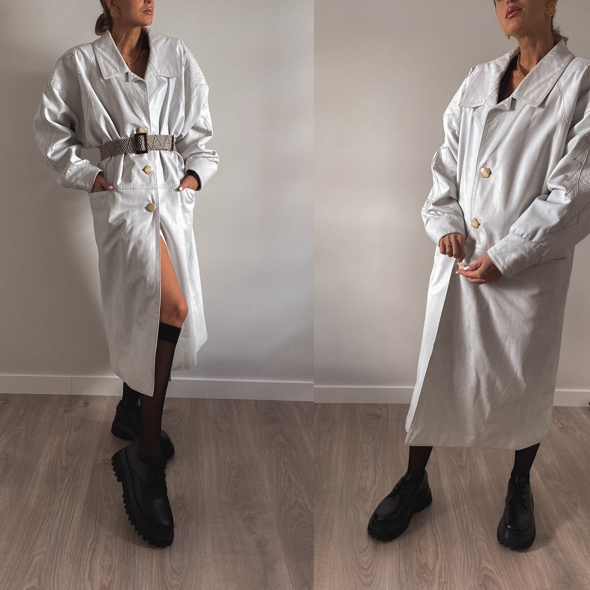 Vintage Oversized Leather Coat Trench White Leather Trench Etsy UK