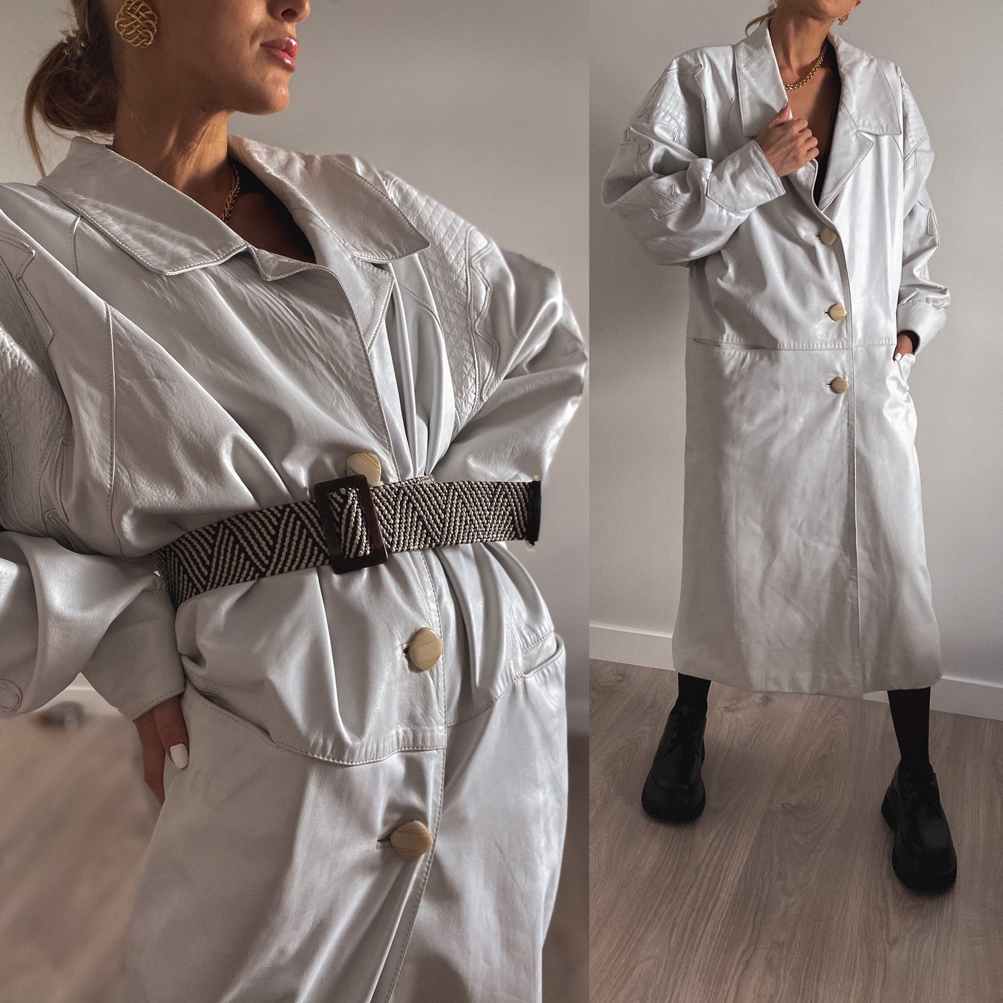 Vintage Oversized Leather Coat Trench White Leather Trench Etsy UK